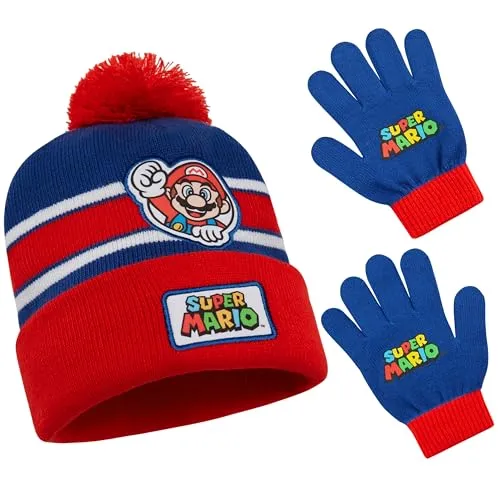Super Mario Winterset Jungen Teenager 6-14 Jahre, 2-teiliges Set mit Wintermütze und Handschuhen, Mario Kart Kinder Geschenke (6-14 Jahre, Rot/Blau, 2-teilig)