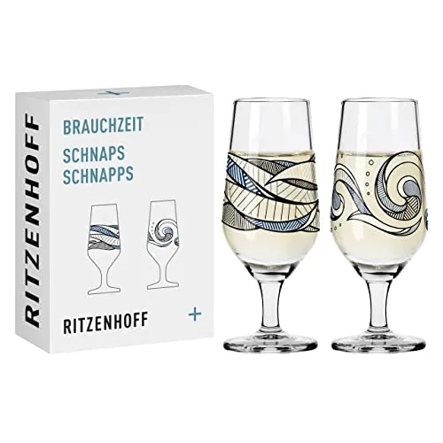RITZENHOFF 3871003 Schnaps-Glas 40 ml 2er Set - Serie Brauchzeit Nr. 5 + 6 - Wasser-Motiv - rund, Blau und Grau - Made in Germany