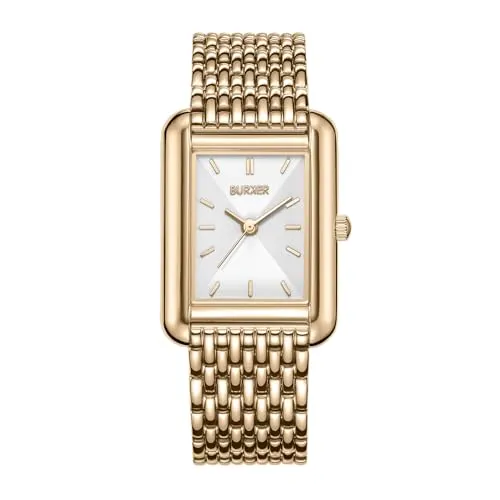 BURKER Damenuhr Olivia, Quadratische Damen Armbanduhr Gliederarmband Edelstahl Analog Quarz 3-ATM Wasserdicht - 29 mm - Gold Weiß