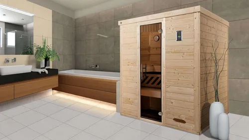 Weka Massivholzelementsauna Kemi 3 Sparset 7,5 kW BioS mit Glastür
