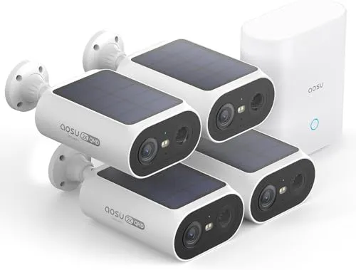 aosu 2K Überwachungskamera Aussen Solar Akku 4 Cam-Kit mit Station Integrierte Solarplatte 0 Gebühr 32GB Lokaler Speicher AI Personerkennung Licht- & Tonalarm 2-Wege-Audio Farbige Nachtsicht IP65