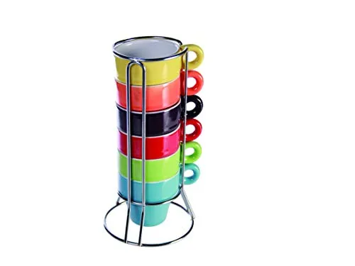 Out of the blue Set aus 6 Espresso-Mini-Tassen (Mug) mit Metallständer/Material: Keramik/Maße: 5,5 x 7 cm.