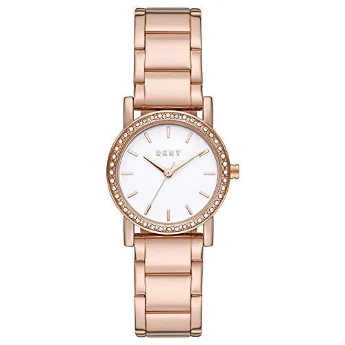 DKNY Damenuhren Soho - Elegante Dreizeiger Uhr - Armbanduhren für Damen mit 34mm Rose Gold Edelstahlgehäuse, Quarzwerk und wasserdicht bis 50m – ideal für stilbewusste Frauen.