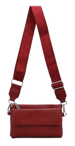ITALYSHOP24 Damen Tasche Crossbody Umhängetasche Bodybag Schultertasche Metallic Handytasche Crossover Geldbörse Brusttasche Handtasche Brieftasche Abend (Dunkelrot)