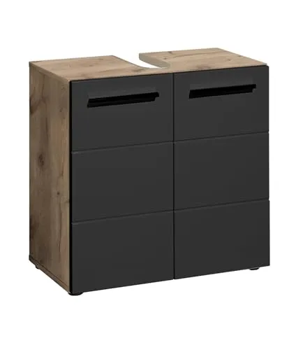 möbelando Waschbeckenunterschrank >Vista< schwarz matt/Viking Oak Dekor, 60 cm breit, 62 cm hoch, 31 cm tief, 2 Türen, 1 Einlegeboden, Siphonausschnitt, Melaminbeschichtung, Kunststofffüße.