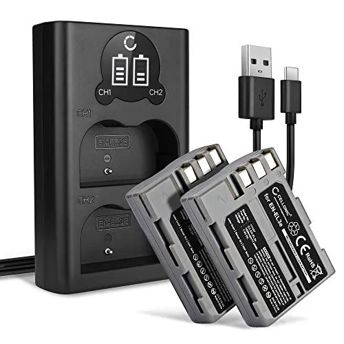CELLONIC, Akku für Kamera, kompatibel mit Nikon EN-EL3e, D90, D80, D700, D50, D200, D300 (7.4V, 1600mAh) 2 Stück + Dual Ladegerät