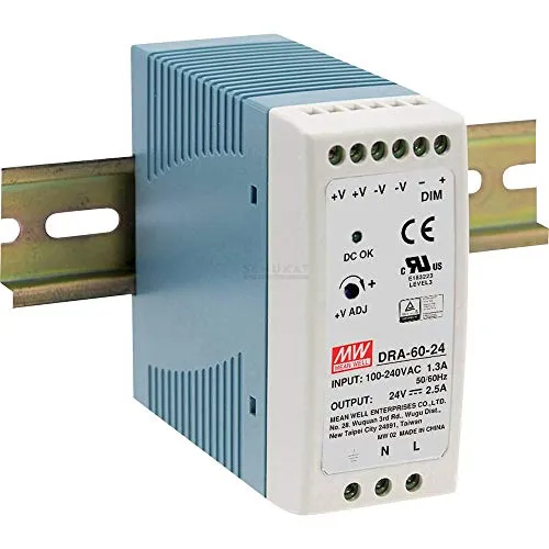 MW DRA-60-12 Schaltnetzteil - Schaltnetzteil für Hutschiene, 60 W, 12 V, 5 A mit Überlastschutz und LED-Anzeige, ideal für sichere und effiziente Stromversorgung in industriellen Anwendungen.