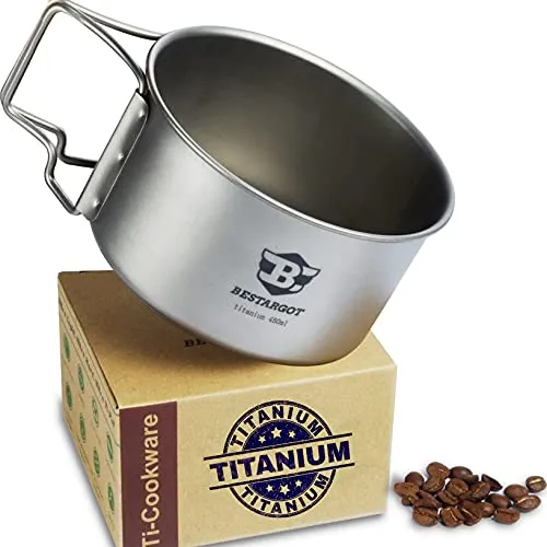 Bestargot Titanium Camping Mug 450 ml Camping Mug Outdoor Pot Ultralight Titanium Outdoor Cup with Folding Handle and Mesh Bag