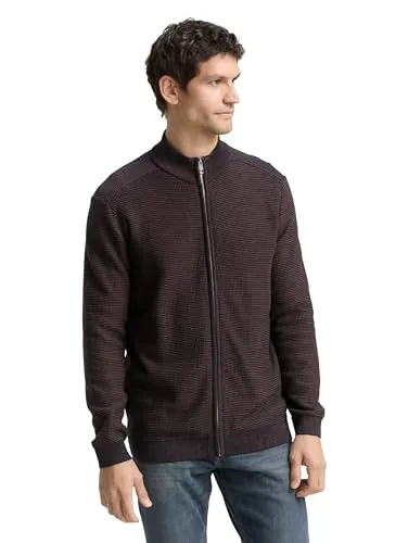 TOM TAILOR Herren Strickjacke mit Reißverschluss, Denim Blue Navy Stripe, 3XL - Stylische Strickjacke mit Stehkragen und Streifen für einen modernen Look. Ideal für die Übergangszeit, aus weichem Baumwollmaterial, das angenehm zu tragen ist.