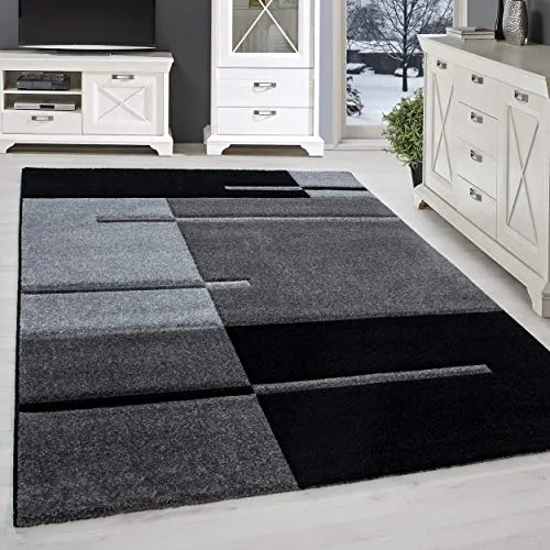 SIMPEX Kurzflor Teppich, Kariert Design, Grau, 80 x 150 cm Läufer
