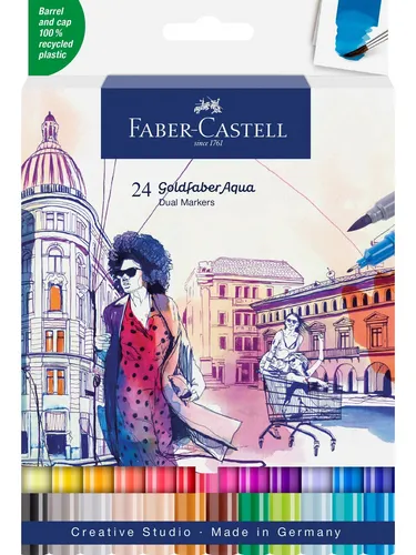 Faber Castell 164624 Goldfaber Aqua Dual Marker - Schreibutensilien mit Pinsel- und feiner Spitze, ideal für kreative Projekte und Aquarelltechniken, wasservermalbar für vielseitige Gestaltungsmöglichkeiten.