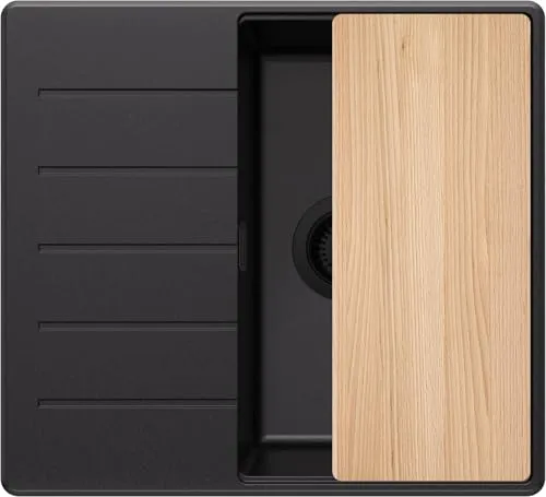 PRIMAGRAN Spülbecken Alles Schwarz 55x50cm, Granitspüle 1 Becken + Ablauf-Set + Schneidebrett, Küchenspüle ab 40er Unterschrank - Kopenhagen S286