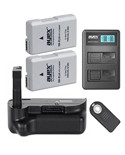 ayex Batteriegriff für Nikon D5100/D5200 mit IR-Fernauslöser und 2 EN-EL14 Akkus - Foto- & Video-Zubehör: Ergonomischer Batteriegriff verdoppelt die Leistung der D5100/D5200 und kommt mit 2 leistungsstarken ayex Akkus sowie einem praktischen USB Dual-Ladegerät.