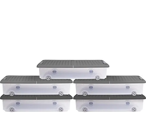 Ondis24 Unterbettbox 35L - 5 Stück, Grau - Aufbewahrungsbehälter mit Deckel, 35 Liter Volumen für platzsparende Lagerung unter dem Bett, klappbarer Deckel mit Klickverschluss für sicheren Zugriff.