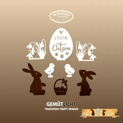 weigla - Figurenset 8 TLG. original Erzgebirge I Motiv Ostern weiß/braun I Figurenset für Dekosockel I detailreiche Holzkunst I Osterdeko mit Hasen, Kücken, Osterei & Schneeglöckchen