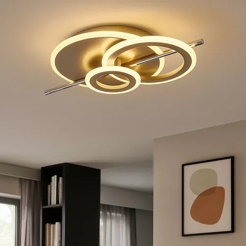Moderne LED Deckenlampe in Champagnerfarben - Stilvolle Deckenleuchte aus Acryl und Edelstahl, 40W, 3000lm, ideal für Wohnräume und Schlafzimmer. Elegantes Design mit großzügiger Lichtverteilung.