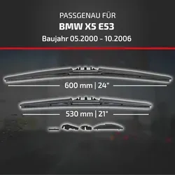 HEYNER Scheibenwischblätter für BMW X5 (05.2000 - 10.2006) - Scheibenwischer Set (2 Stück) mit MAßGESCHNEIDERTEN Adaptern für optimale Passform. HYBRID-Technologie sorgt für leises, streifenfreies Wischen bei allen Witterungsbedingungen.