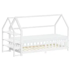 ML-Design Kinderbett 90x200cm mit Matratze und Rausfallschutz - Weiß - Funktionales Kinderbett im modernen Hausdesign mit integriertem Regal und Rausfallschutz. Hergestellt aus langlebigem Kiefernholz, bietet es Sicherheit und Stauraum für Bücher und Spielzeug. Inklusive bequemer Kaltschaummatratze für optimalen Schlafkomfort.