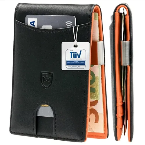 Kronenschein® Slim Wallet mit RFID Schutz – Ultra-flache Geldbörse für Herren & Damen - Kompakte Mini Geldbörse (11 x 8,3 x 1,5 cm) mit 6 Kartenfächern und innovativem Easy-Slide-Fach für schnellen Kartenzugriff. TÜV-geprüfter RFID-Schutz für Ihre Daten. Stilvolle Geldklammer aus Edelstahl – ideal für Minimalisten und als Geschenk!