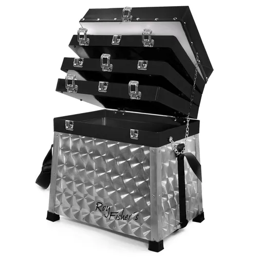 Sitzkiepe mit 4 Laden - Angelkiste für Angler - Ködereimer mit 4 praktischen Fächern, aus leichtem Aluminium gefertigt, ideal für Ordnung und Komfort beim Angeln.