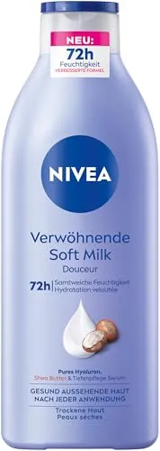 NIVEA Verwöhnende Soft Milk – Body Milk für trockene Haut - Körperlotion mit 72h Feuchtigkeit, angereichert mit purem Hyaluron und Shea Butter für spürbar gepflegte, samtweiche Haut.