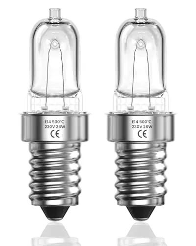 LumiGo Backofenlampe E14, 500 Grad, 26W Dimmbar Warmweiß 2700K AC 220-240V für Backofen, Mikrowelle, Dunstabzugshaube, Salzlampe, Wachswärmer, 2er-Pack