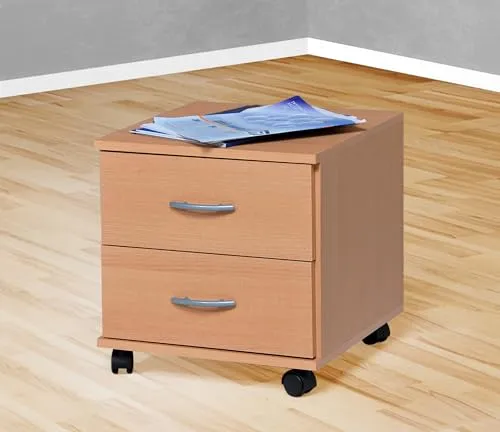 Rollcontainer Bürocontainer Schubcontainer Buche -4 - Büro Aufbewahrung & Organisation, praktischer Rollcontainer mit 2 Schubladen und stabilen Kunststoffrollen für flexibles Arbeiten im Büro.