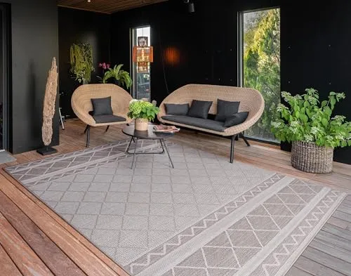 Paco Home Outdoor Teppich Flachgewebe Modern Boho-Style wetterfest & UV-beständig Ideal für Terrasse Balkon Wohnzimmer & Küche, Grösse:60x100 cm, Farbe:Beige 4