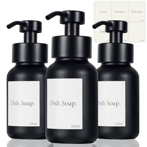 3er Seifenspender Schwarz Glas Set, 250ml Seifenspender Dusche, Edelstähle Pumpspender mit Etiketten Shampoo Spender für Küche Badezimmer Bad (Schwarz)