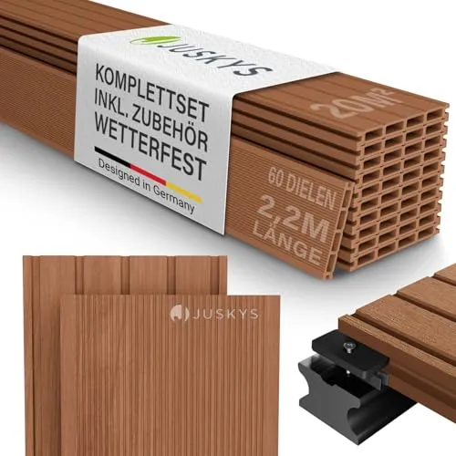 Juskys WPC Terrassendielen 20 m² - Teakfarbe mit Unterkonstruktion - Verwandle deinen Außenbereich mit den WPC-Terrassendielen 20 m² in ein stilvolles Refugium. Wetterfest und langlebig, bieten sie eine natürliche Holzoptik für eine ansprechende Gestaltung.