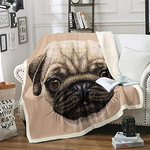 Homemissing Mops Kuscheldecke 3D Tiermuster Decke 150x200cm für Kinder Jungen Mädchen Süßer Hund Bedruckt Flanell Fleecedecke Wohndecke für Schlafsofa Couch Braun