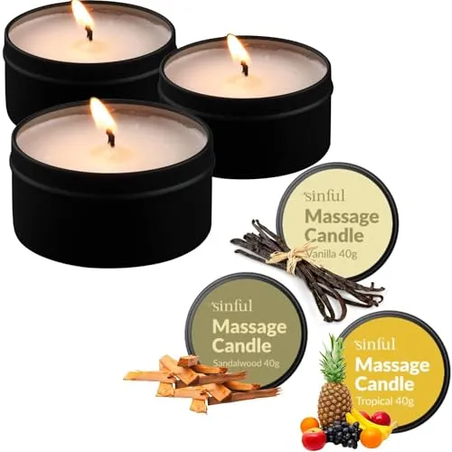 Sinful Intimate Massagekerzen Set – 3 x 40 g – Vanille-, Tropen- & Sandelholzduft – Duftkerzen mit Massageöl – Massagekerze für Paare & romantische Abende