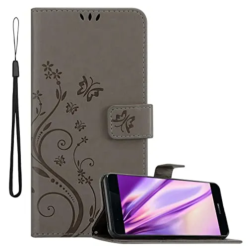 Cadorabo Hülle kompatibel mit Huawei P9 Blumen Design aus Premium Kunst Leder Flip Klappbare Stoßfeste Magnetische [Standfunktion] [Kartenfächern] Cover Hülle für Huawei P9 Tasche in Grau