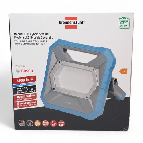 Brennenstuhl Professional LED Hybrid Baustrahler BS 8050 MH - 80W, dimmbar, IP55 - Strahler für Arbeitsbeleuchtung mit 7900lm Lichtleistung, kompatibel mit Bosch Professional 18V Akkus, ideal für flexible Einsatzmöglichkeiten auf Baustellen.
