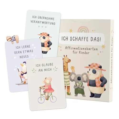 mintkind Affirmationskarten für Kinder - kindergerecht gestaltet - 35 handillustrierte Achtsamkeitskarten für Mut Selbstwert und Positive Gedanken - mit fröhlichen Tiermotiven für Schule und Zuhause
