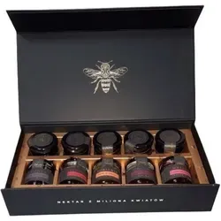 NATURAL FOOD Vielblütige Nektarblume - 5x Honig + 5x Saft - Premium Geschenkset - Vegetarisch - Elegante Schwarze Box Gläser mit Bändern - 10x40 g