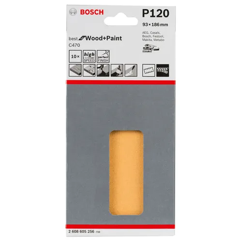 Bosch Schleifblatt C470, 93 x 186 mm, 120 Körnung, 8 Löcher, Klett, 10er-Pack
