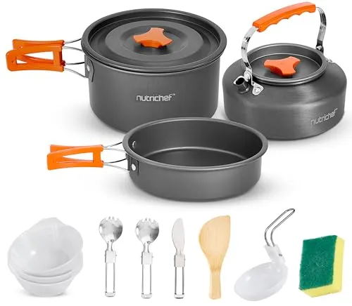 NutriChef Camping Kochgeschirr Set 10 Teilig –Outdoor Campinggeschirr mit Aluminium Topf, Pfanne, Kaffeekanne Teekanne, Stapelbar für Outdoor Kochen, Wandern, Picknick