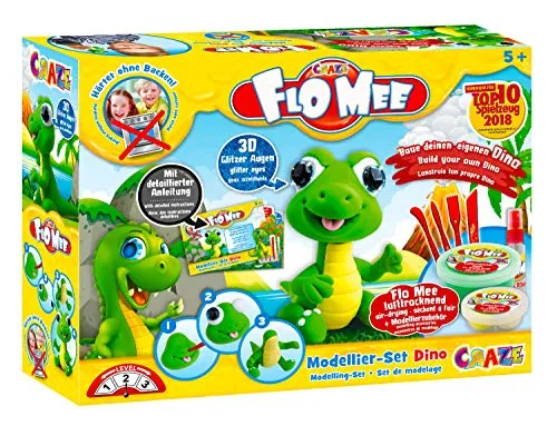 CRAZE FloMee Dino Set Modelliermasse Bastelset für Kinder bunte Kugelknete DIY Dinosaurier Figur zum Selbermachen 13687