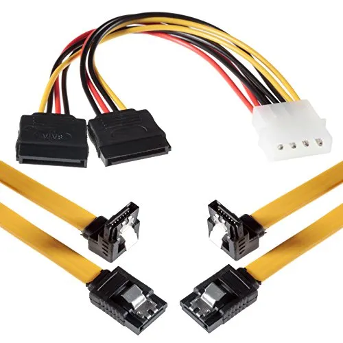 POPPSTAR 2x 50cm Sata 3 Datenkabel in gelb (Sata Kabel - Stecker gerade auf gewinkelt), mit 20cm 4-pin Stromadapter auf 2x 15-pin