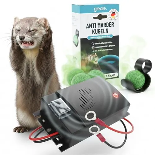 greate Marderabwehr Set - 4X Marderschreck Duft Kugeln inklusive Halterung + Ultraschall Marderschreck Auto mit 12V Batterieanschluss