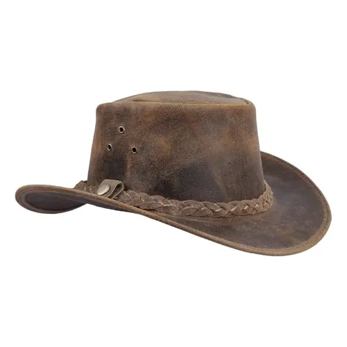 Leatherick Unisex-Cowboyhüte aus echtem Mad-Horse-Leder im West-Aussie-Stil mit Kinnriemen (DE/NL/SE/PL, Alphanumerisch, XXL, Hellbraun)