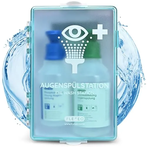 FLEXEO Augenspülstation mit Wandhalterung - Augenwasch-Vorrichtung für schnelle Hilfe bei Augenverletzungen, inklusive pH-neutraler NaCl-Lösung und Phosphatpufferlösung für effektive Reinigung und Neutralisation.
