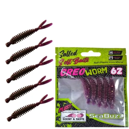 SEABUZZ Gummifische Angelköder Set Creo Worm 5Stk x 62mm - Hecht Forelle Barsch Gummiköder - Wels & Zander Kunstköder - Raubfisch Angelnset - Süß- und Salzwasser Angelausrüstung (Red Purple)