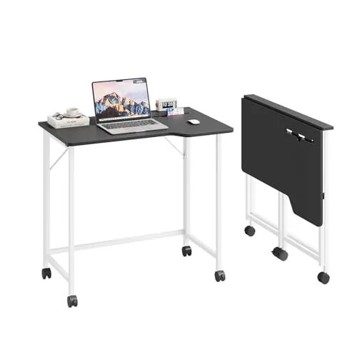 Dripex Faltbar Tisch, 80 x 52 cm Platzsparender Schreibtisch Klappbar Computertisch mit Tablet Steckplatz und Rollen Ergonomisches L Design PC Klapptisch für Homeoffice Arbeitszimmer(Schwarz)
