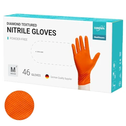 EUROPAPA 46x extra dicke Nitrilhandschuhe DiamantGrip Diamant schwarz und orange Perfect Grip Einweghandschuhe Montageschutzhandschuhe puderfreier latexfreier Arbeitshandschuhe (Orange, M)