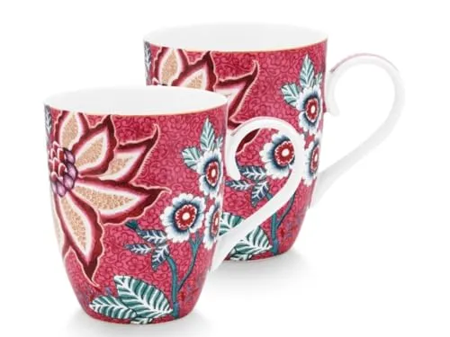 Pip Studio Flower Festival Henkelbecher Set 2 - Dunkelrosa 350 ml - Set aus 2 stilvollen Porzellanbechern, ideal für Kaffee und Tee. Das elegante Design bringt Farbe und Freude in jede Tasse.