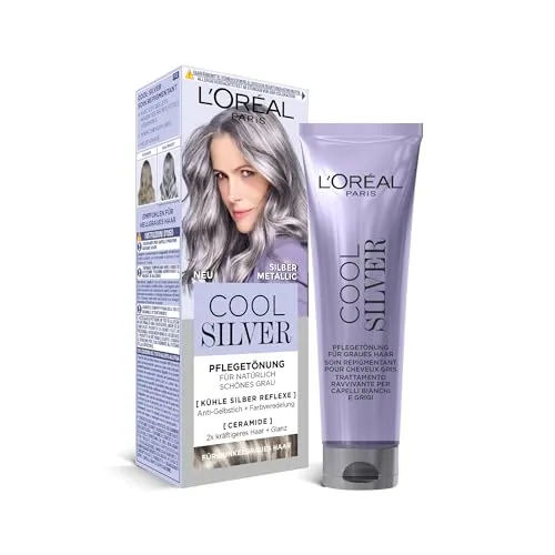 L'Oréal Paris Haarfarbe, Anti-Gelbstich, Farbveredelnde Pflegetönung mit Ceramiden, Für dunkelgraues Haar, Cool Silver, Farbe: Silber Metallic