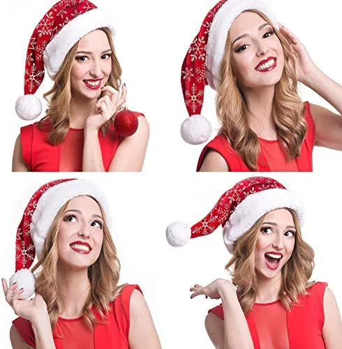 LessMo 4 Stück Weihnachtsmütze, Nikolausmütze mit Schneeflockenmuster, Weihnachtsmann Mütze Rot Weihnachtsfeier Comfort Cap Neujahr Festliche Holiday Party Supplies
