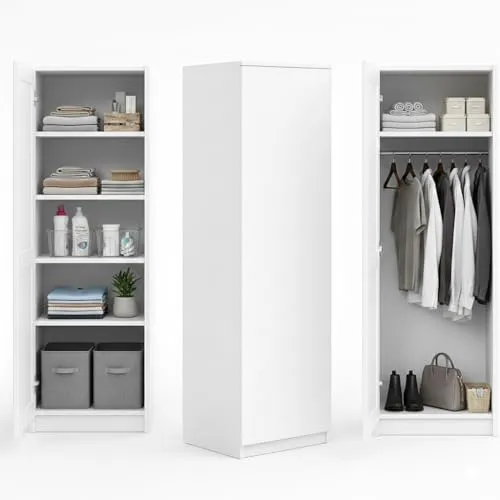 Home Collective Garderobenschrank Weiß, 50cm Breite - Kleiderschrank Organizer aus MDF Holz mit Kleiderstange und extra Stauraum, ideal für Büro, Flur oder Hobby-Keller.
